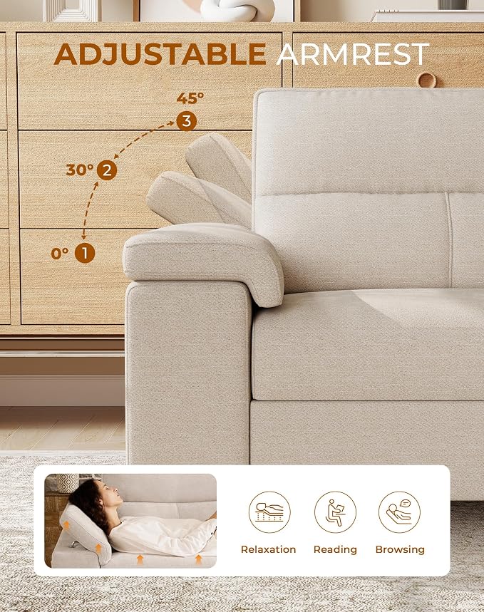 71.25" L Shaped Sectional Couches for Living Room, Deep Seat Sofa with Big Storage Ottoman & 8”Cushion, Comfy 2-Seater Chenille Loveseat, Convertible Armrest, Removable Cover for Small Space(Beige)