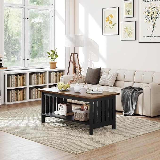 YOSHOOT 39.4" Farmhouse Coffee Table, Small Coffee Tables for Living Room | Black, 2 Tier Coffee Table with Storage, Tea Table for Living Room Bedroom Small Space