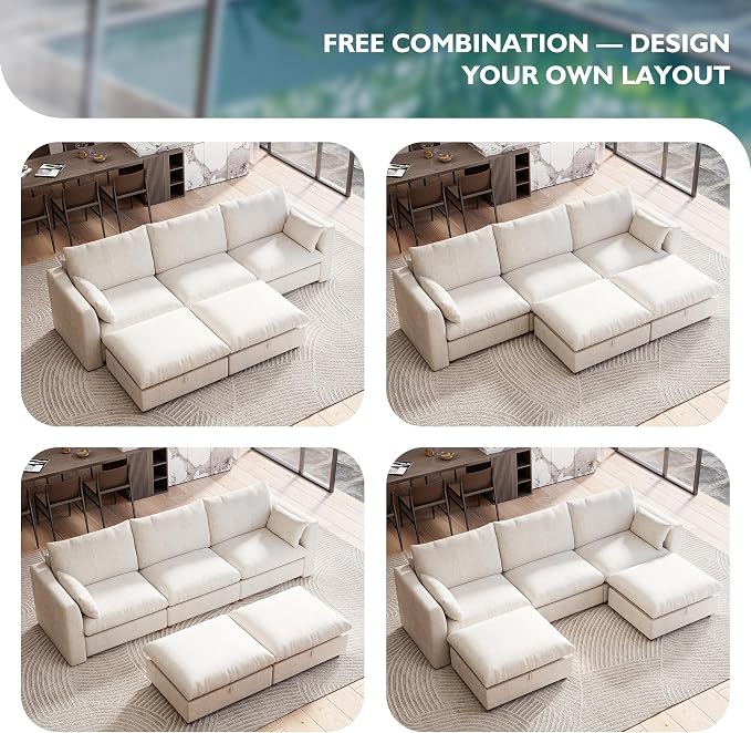 Ihanherry 117" Oversized Modular Sectional Sofa, Modern U Shaped Cloud Couch with 2 Storage Ottoman, 5-Seat Comfy Chenille Deep Seat Sofa with 2 Pillows for Living Room, Beige