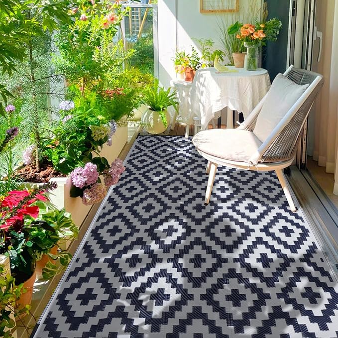 SAND MINE Reversible Mats, Plastic Straw Rug, Modern Area Rug, Large Floor Mat and Rug for Outdoors, RV, Patio, Backyard, Deck, Picnic, Beach, Trailer, Camping, Dark Blue & White, 6' x 9'