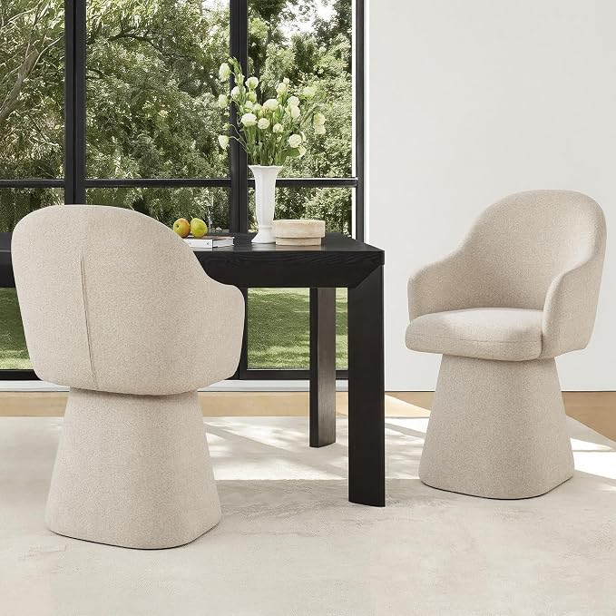 KISLOT Swivel Dining Chairs Set of 1, Upholstered Modern Barrel Dining Chairs with 360Β° Swivel Base, Chenille Velvet Fabric Accent Kitchen Chairs with Arms, Padded Dining Room Chairs, Sand