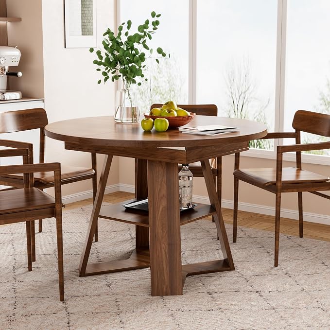 43.3in-59in Extendable Round Dining Table for 4-6,Modern Kitchen Oval Dining Table with Removable Leaves Space Saving,Wood Base with Storage Shelf for Kitchen Living Room
