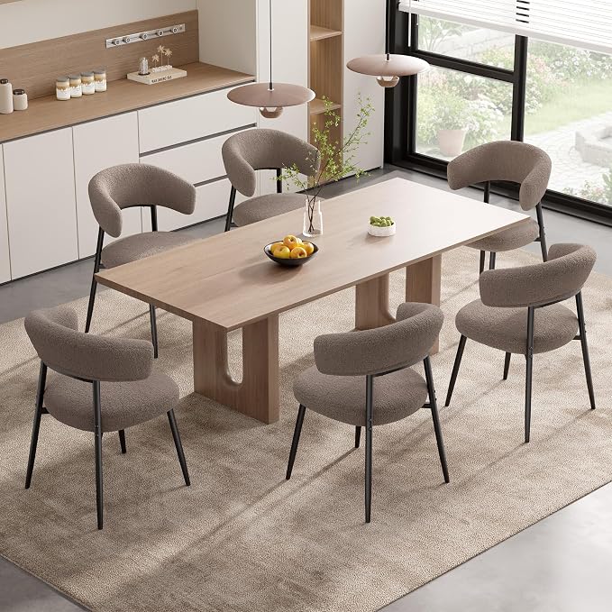 Dining Chairs Set of 2, Mid Century Modern Kitchen Chairs, Boucle Upholstered Dining Chair with Curved Backrest & Metal Legs for Kitchen Dining Room, Brown