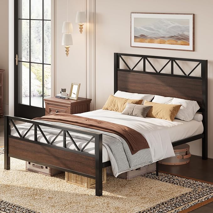 LIKIMIO Queen Bed Frame, Tall Industrial Headboard 51.2 ", Platform Bed Frame with Strong Metal Support, Solid and Stable, Noise Free, No Box Spring Needed, Easy Assembly, Dark Brown