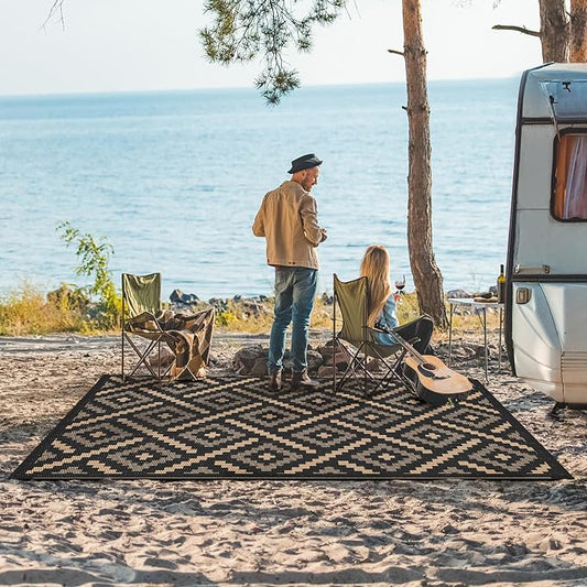 GENIMO Outdoor Rug for Patio Clearance, 6'x9' Waterproof Camping Mat, Reversible Plastic Straw Rugs for RV, Camper, Balcony, Backyard, Picnic, Deck (Mix Black Brown)