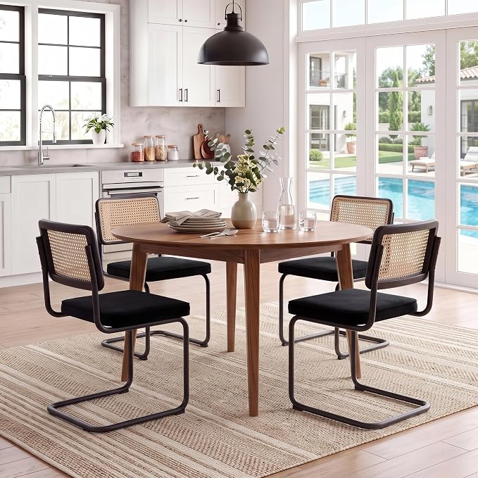 Zesthouse Rattan Dining Chairs Set of 6, Mid Century Modern Dining Room Chairs with Natural Cane Mesh & Black Base, Black Cesca Chair Velvet Fabric, Farmhouse Kitchen Chair with Solid Wood Frame Back