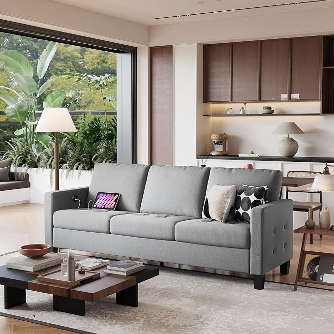 STHOUYN 73" W 3 Seater Couch with USB Ports, Grey Comfy Sofa Couches for Small Spaces, Mid Century Modern Couch Loveseat for Living Room, Bedroom, Apartment (Light Grey)