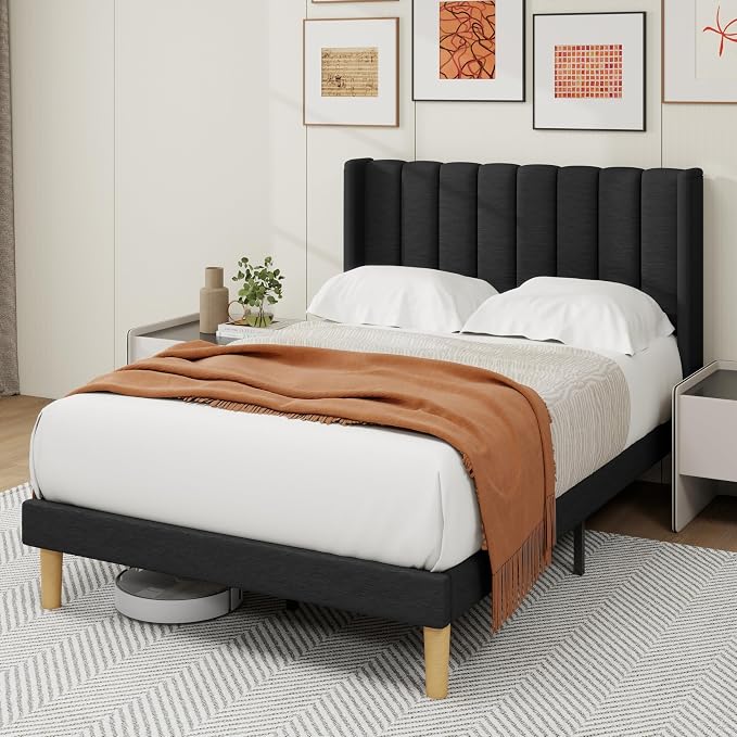 alazyhome Platform Bed Frame Full Size with Upholstered Headboard, Solid Wood Slats Support, No Box Spring Needed, Noise Free, Easy Assembly, Modern Fabric Bed, Black
