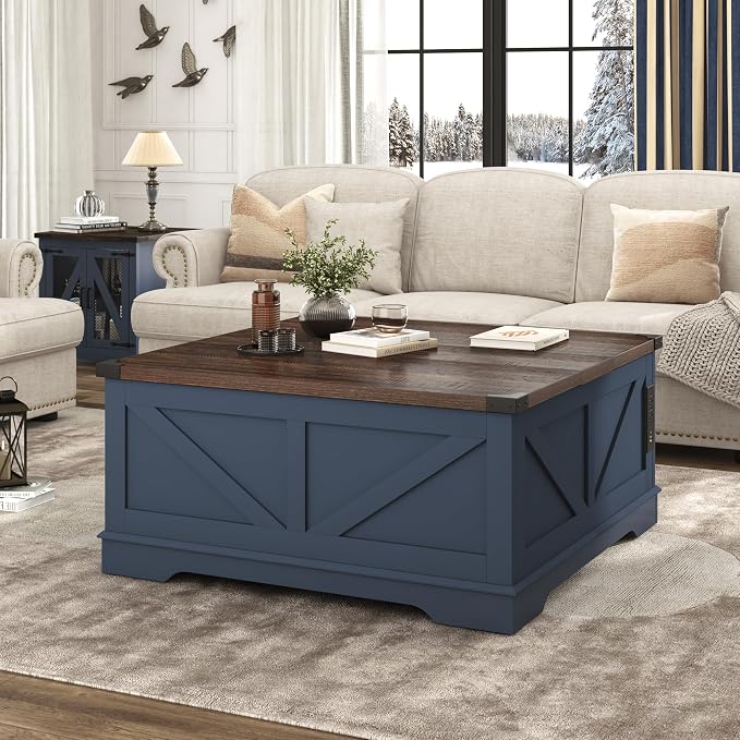 Hlivelood 40” Large Farmhouse Lift Top Coffee Table with Power Outlets and Large Hidden Storage, Square Wood Living Room Tables, Multi-Function Lift Wooden Barn Door Center Table, Blue