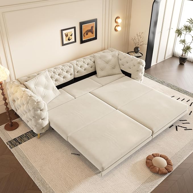 97.7" Convertible Queen Sleeper Sofa with Ottoman - Button Tufted Pull Out Sofa Bed, Velvet King Size Couch Bed & Vintage Deep Seat 4-Seater Couch for Small Spaces, Apartment & Living Room, Beige | Button Tufted