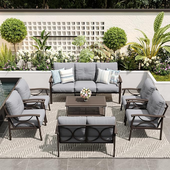 FansaFurn 7-Pieces Outdoor Patio Furniture Set, Outdoor Metal Sectional Furniture with Cushions, Outdoor Conversation Seating Set with Coffee Table for Garden, Balcony, Deck, Backyard, Grey