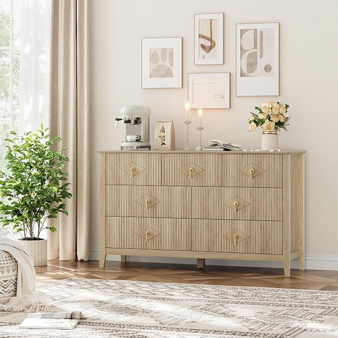 GarveeHome Fluted Dresser for Bedroom, 54 Inch Wide 7-Drawer Wood Dresser, Modern Chest of Drawers, Storage Organizer Cabinet for Living Room, Hallway, Entryway, Natural