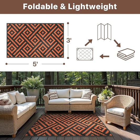 GENIMO Outdoor Rug for Patio Clearance, 3'x5' Indoor Area Rug, Waterproof Reversible Fall Doormat, Outside Camping Carpet for Porch, Living Room, Balcony, Deck, Bedroom, Picnic, Black Orange