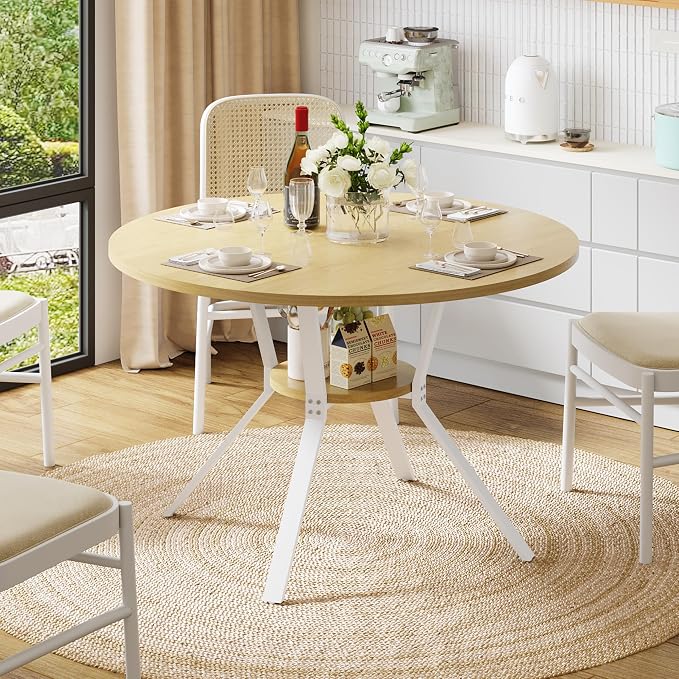 Dining Table for 2-4, 43“ Round Dining Room Kitchen Table with Storage,Round Table for Living Room,Fluted Wood Table,Oval Dinner Furniture with Adjustable feet (Oak, 43 Inch)
