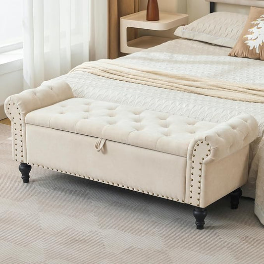 51" Storage Bench for Bedroom, Upholstered Ottoman Bench, Chenille Beige | End of Bed Bench for Bedroom, Window Benches for Living Room, Entryway, Ottoman with Large Storage Space, Pet Friendly