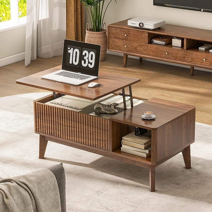 LYNCOHOME Fluted Lift Top Coffee Table with Storage, Modern Coffee Table for Living Room, Home Office(Walnut)