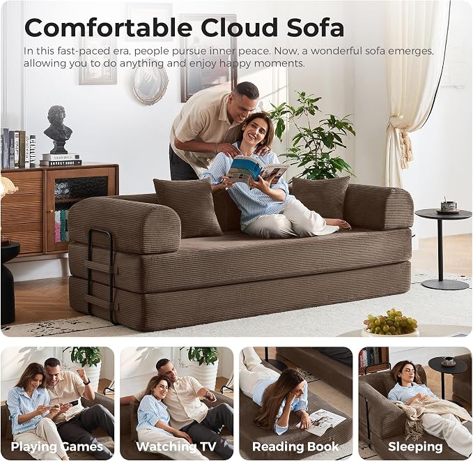 79" 5-in-1 Convertible Sofa Bed No Assembly, Boneless Couch Bed with High Density Foam, Foldable Sleeper Sofa, Corduroy Modular Couch for Apartment, Studio, Dorm Room, Small Space, Brown