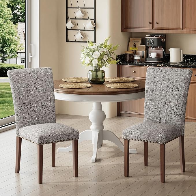 COLAMY Upholstered Parsons Dining Chairs Set of 6, Fabric Dining Room Kitchen Side Chair with Nailhead Trim and Wood Legs - Boho