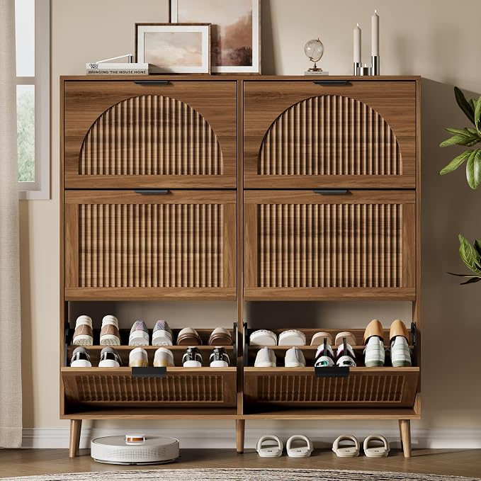 Xixini Shoe Storage Cabinet with 6 Flip Drawers, 50" Tall Narrow Wood Fluted Shoe Organizer for Entryway, Freestanding Wooden Hidden Slim Shoe Rack for Front Door Entrance, Hallway, Foyer, Dark Walnut