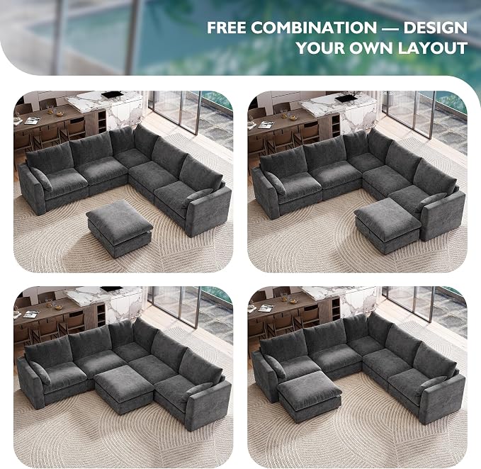 Ihanherry 111" Oversized Modular Sectional Sofa, Modern V Shaped Cloud Couch with Storage Ottoman, 6-Seat Comfy Chenille Deep Seat Sofa with 2 Pillows for Living Room, Grey