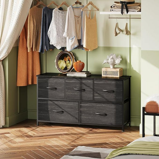 WLIVE Dresser for Bedroom with 5 Drawers, Wide Chest of Drawers, Fabric Dresser, Storage Organizer Unit with Fabric Bins for Closet, Living Room, Hallway, Charcoal Black Wood Grain Print