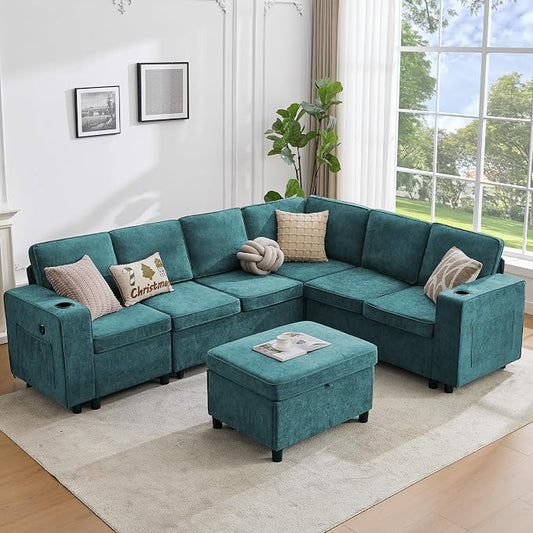 107 Inch Sectional Sleeper Sofa with Pull Out Bed, 7 Seat U Shaped Modular Sectional Sofa with Storage Ottoman, USB Port & 6 Pillows, Sectional Couches for Living Room & Apartment, Modular Couch,Green