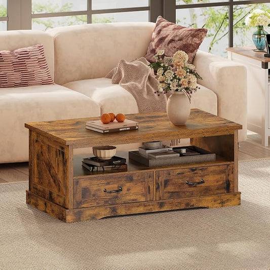 WLIVE Coffee Table for Living Room, 43" Framhouse Coffee Table with 2 Storage Drawers, Modern Center Table with Open Display Area, Elegant Curved Base, Rustic Brown