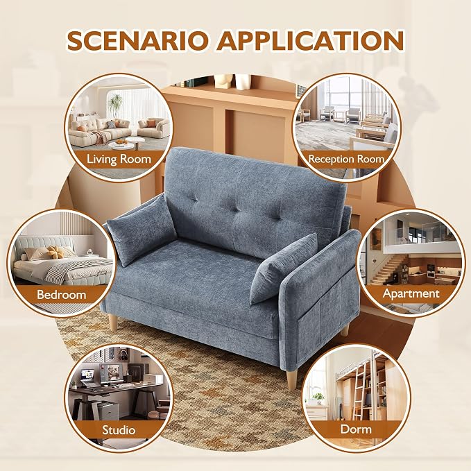 Urhanherry 47" Small Sofa Couch for Bedroom, Soft Chenille loveseat Mini Couch with Throw Pillow and Removable Cushion Cover for Small Spaces, Living Room, Apartment, Dorm, Office(Blue Grey)