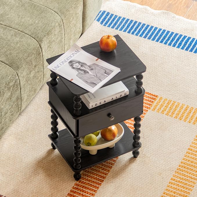 AWASEN Black Nightstand, Bed Side Table Bedroom with Drawer, 3-Tier Small Night Stand End Table with Storage for Small Spaces &Solid Wood Spindle Legs, Black