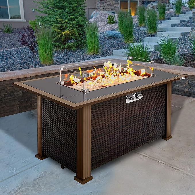SereneLife Outdoor Propane Fire Pit Table - CSA Approved Safe 50,000BTU Auto-Ignition Propane Gas Fire Table - Rattan Panel, Glass Wind Guard, Black Tempered Glass Tabletop, Clear Glass Rock SLFPTL