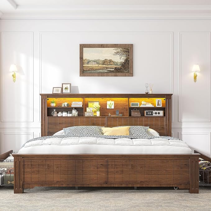 EnHomee King Size Bed Frame with 4 Storage Drawers and Headboard,LED Lights & Charging Ports,No Box Spring Needed for Big House,Noise-Free,Wooden,Brown