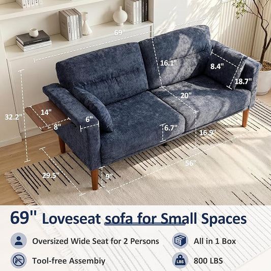 Vipbear 69" Loveseat Sofa,Modern Couches for Small Spaces,Blue Chenille Love Seat Couch for Living Room,Bedroom,Apartment,Office,Deep Seat,Armrest Tabletop,Throw Pillow