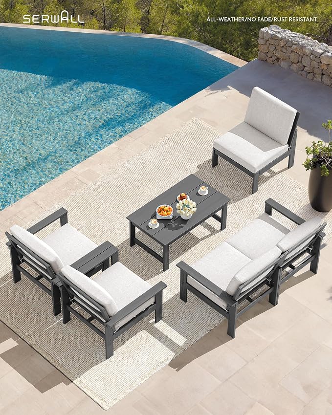 SERWALL HDPE Patio Conversation Set, 6-piece Sectional Outdoor Furniture Set, All Weather Outdoor Couch Set Patio Furniture Set for Deck, Lawn, Grey Frame with Khaki Cushion