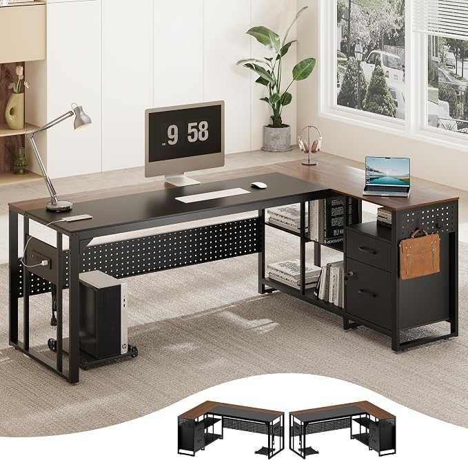 MALOL 70.3" L-Shaped Office Desk, Reversible L-Shaped Computer Desk with Power Outlet, Large Executive Desk with Locked File Drawers & Storage Shelves, Pegboard, Mobile CPU Stand, Modern Corner Desk