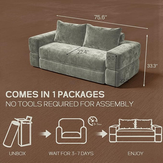 75'' Folding Convertible Sofa Bed with Large Pillow, 4-in-1 Foldable Pull Out Futon Sofa Bed, Chenille Boneless Mattress Couch, No Assembly Floor Sleeper Sofa Bed for Living Room/Bedroom, Light Brown