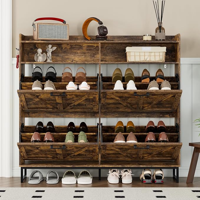 BORNOON Shoe Cabinet with 4 Flip Drawers Narrow Shoe Storage Cabinet Organizer Wooden Freestanding Shoe Rack Hidden Slim Shoes Storage Cabinet for Entryway, Hallway, Living Room, Bedroom