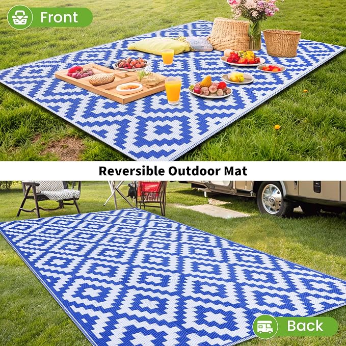Smiry Waterproof Outdoor Rug 4x6 ft, Reversible Plastic Straw Patio Camping Rugs, Outdoor Indoor RV Mat Carpet for Patio, Outside Entry, Backyard, Deck, Bench, Picnic, Camper, White & Blue