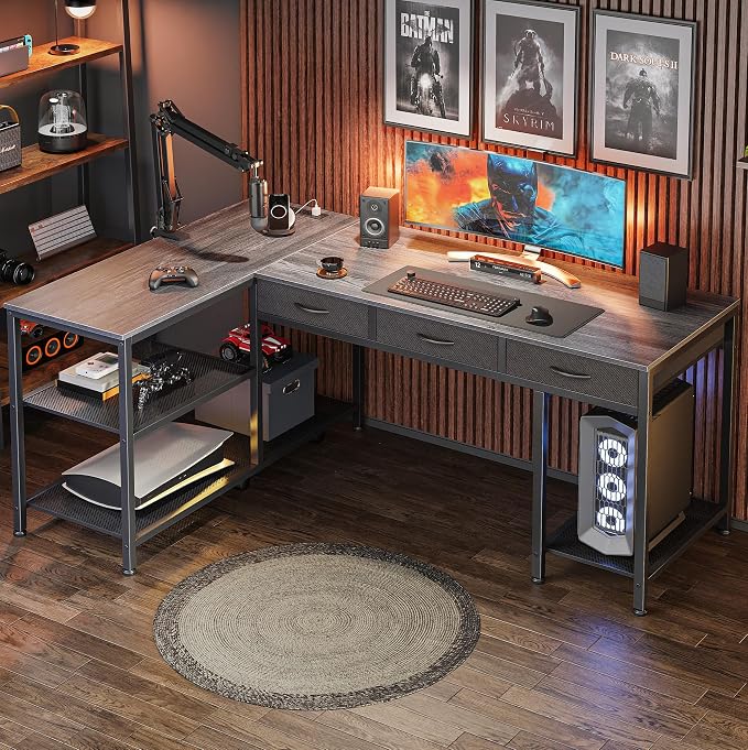 PRAISUN 55 Inch L Shaped Office Desk with Power Outlets and Type-C Port, Large Computer Gaming Desk with 3 Fabric Drawers, Mesh Shelves, Corner Study Work Writing Desk, Grey