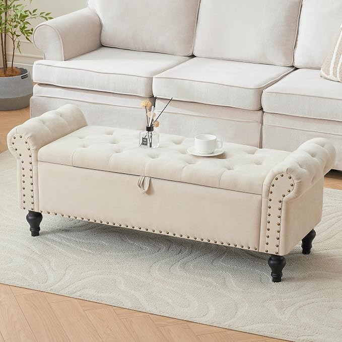 51" Storage Bench for Bedroom, Upholstered Ottoman Bench, Chenille Beige | End of Bed Bench for Bedroom, Window Benches for Living Room, Entryway, Ottoman with Large Storage Space, Pet Friendly