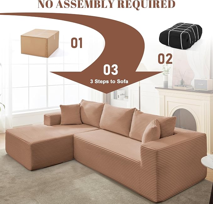 Mangodan 110” Cloud Sectional Couch, Modular Sectional Sofa for Living Room, Boneless Sofa with Deep Seat, Comfy Fluffy Couch with L-Shaped Chaise, No Assembly Required (Left-Facing Chaise, Camel)