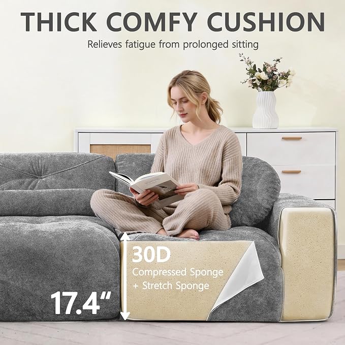 82" Modular Sectional Cloud Couch, L Shaped Sofa Boneless Couches with Movable Ottoman, 2 Deep Seat Modern Comfy Velvet Sofa for Living Room, Bedroom, Apartment (Grey)