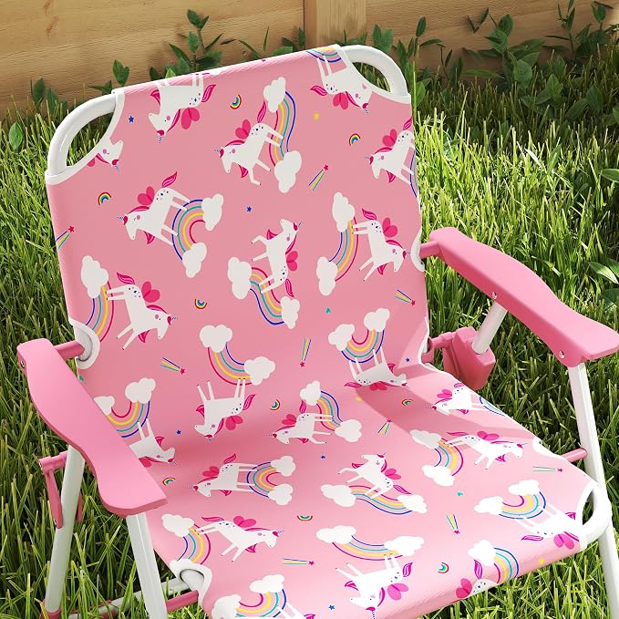 Qaba Kids Picnic Table and Chair Set, Outdoor Activity Table with Foldable Chairs, Removable Umbrella, Unicorn and Rainbow Pattern Toddler Patio Furniture for Backyard, Garden, Pink