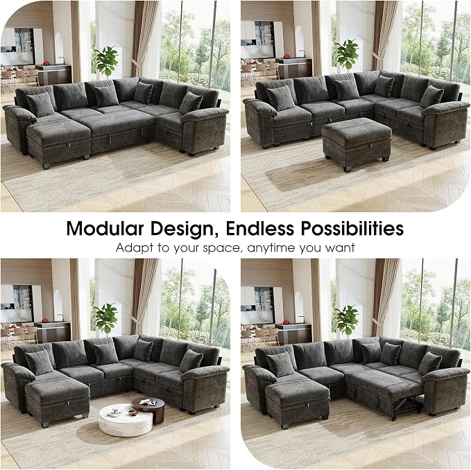 107.8" Modular Sectional Sleeper Sofa with Pull Out Bed, U Shaped 7 Seat Couch with 221L Storage, Convertible Cloud Couch Bed with Ottoman, Sectional Couches for Living Room, Apartment (Gray)