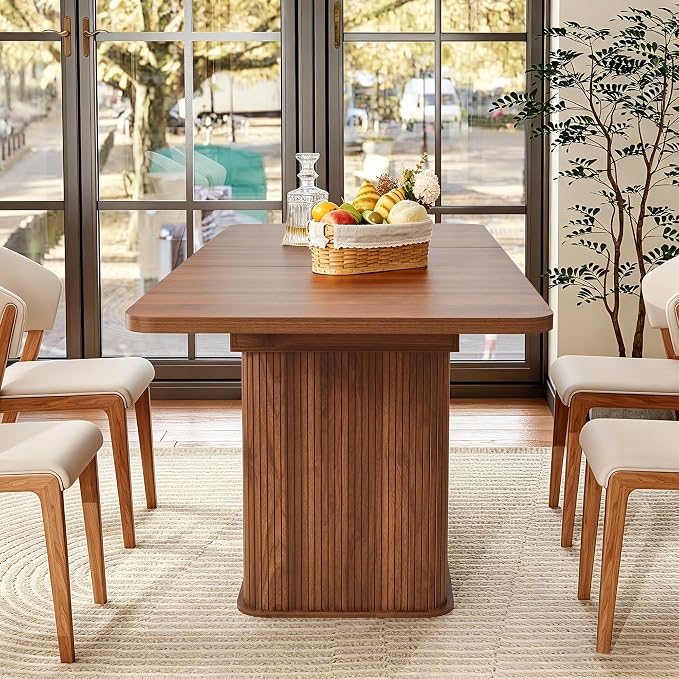 weselon 55"-71" Extendable Dining Table with Storage, Expandable Kitchen Table for 4-6, Space Saving Dining Room Table with Hidden Storage Cabinet, Adjustable Shelves & Fluted Base (Walnut)