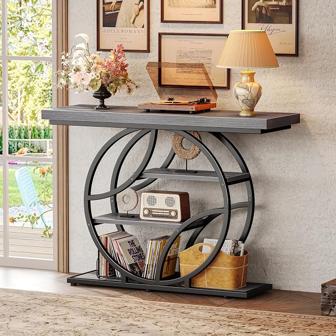 Huuger 41.3 Inch Entryway Table, Modern Console Sofa Table, Accent Table with Shelves, for Entry, Hallway, Entrance, Foyer, O-Shaped Metal Frame, Light Grey