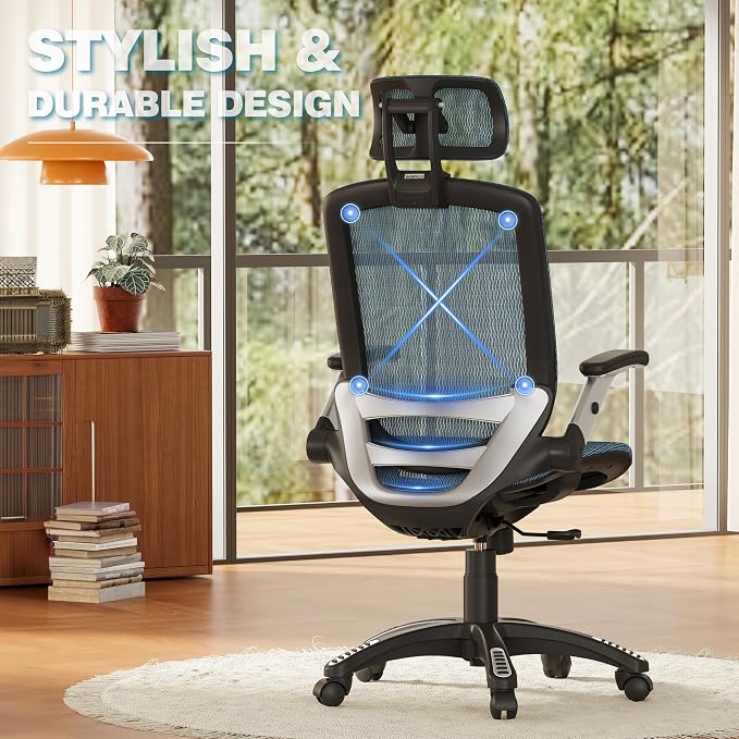 GABRYLLY Ergonomic Office Chair, High Back Mesh Desk Chair with Adjustable Headrest, Flip-Up Arms, 90-120° Tilt Lock, Lumbar Support and Comfy Seat, Swivel Computer Task Chair, Blue