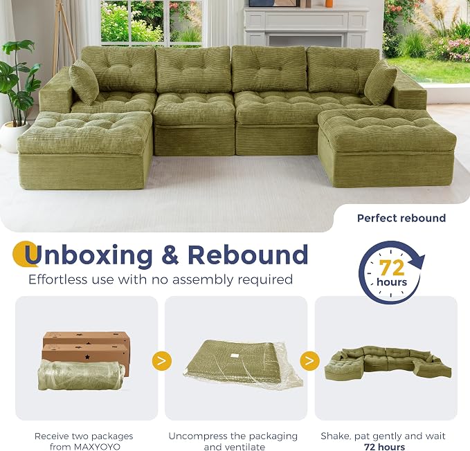 MAXYOYO 132" U Shaped Modular Sectional Sofa with 2 Ottomans, Cloud Boneless Couch with Layered Cushion, Flexible Module Combination Sofa for Living Room, No Assembly Required, Green