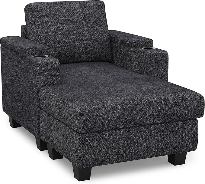 Belffin 52.8" Deep Storage Chaise Lounge with Cup Holder for Apartment Couch Dark Grey