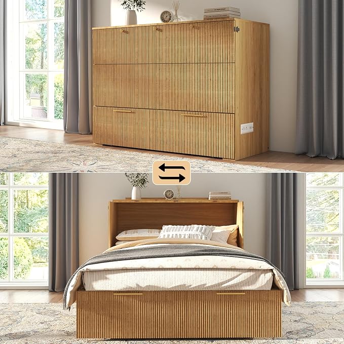 Full Size Murphy Bed Cabinet: Oak Folding Murphy Bed for Small Spaces, Wood Hidden Beds Cabinet with Charging Station, Modern 2 in 1 Hideaway Beds Cabinets (Oak-Fluted)