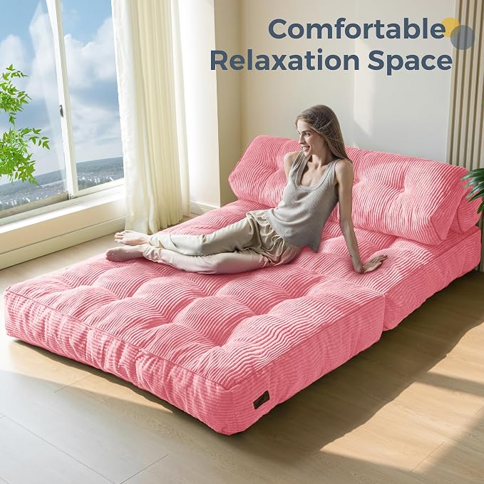 MAXYOYO Folding Sofa Bed, Convertible Chair with Pillow Foldable Couch with Back Support, Portable Fold Out Chair Bed Comfy Floor Sofa Lounge for Living Room Bedroom, Pink Double